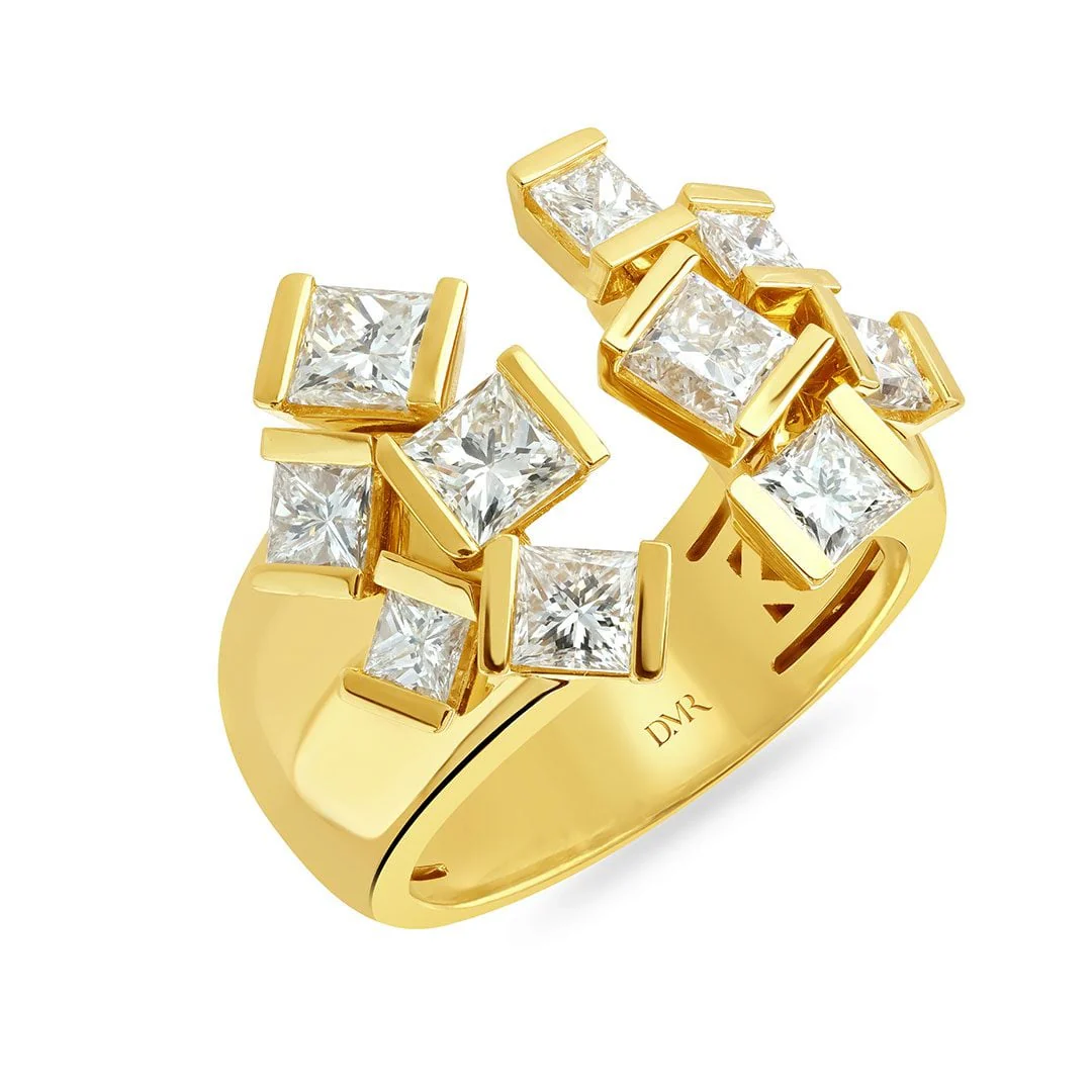 Hopscotch Cascade Yellow Gold Princess Cut Diamond Open Ring - Image 3