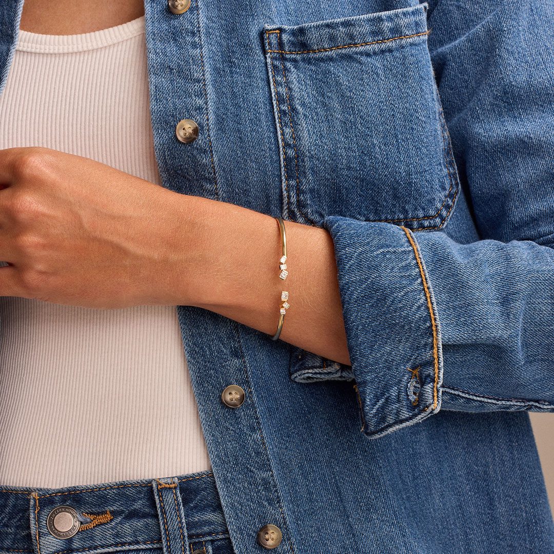 Hopscotch Yellow Gold Princess Cut Diamond Torque Bangle - Image 2