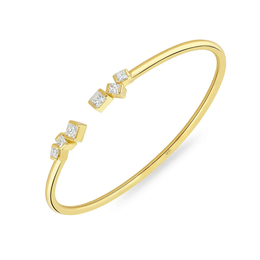 Hopscotch Yellow Gold Princess Cut Diamond Torque Bangle - Image 3